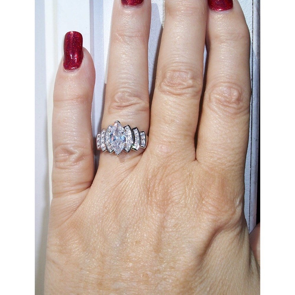 925 STERLING SILVER Marquise Cubic Zirconia Stair Step Tier Ring - Picture 4 of 16